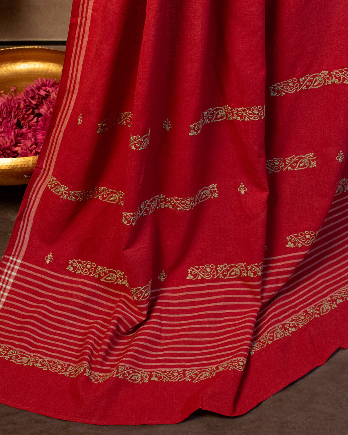 Surkh Cotton Saree with Hand Embroidery