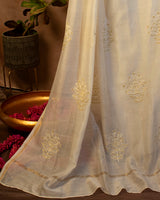 Saba Off-White Crewel Embroidered Clover Leaf Flower Saree