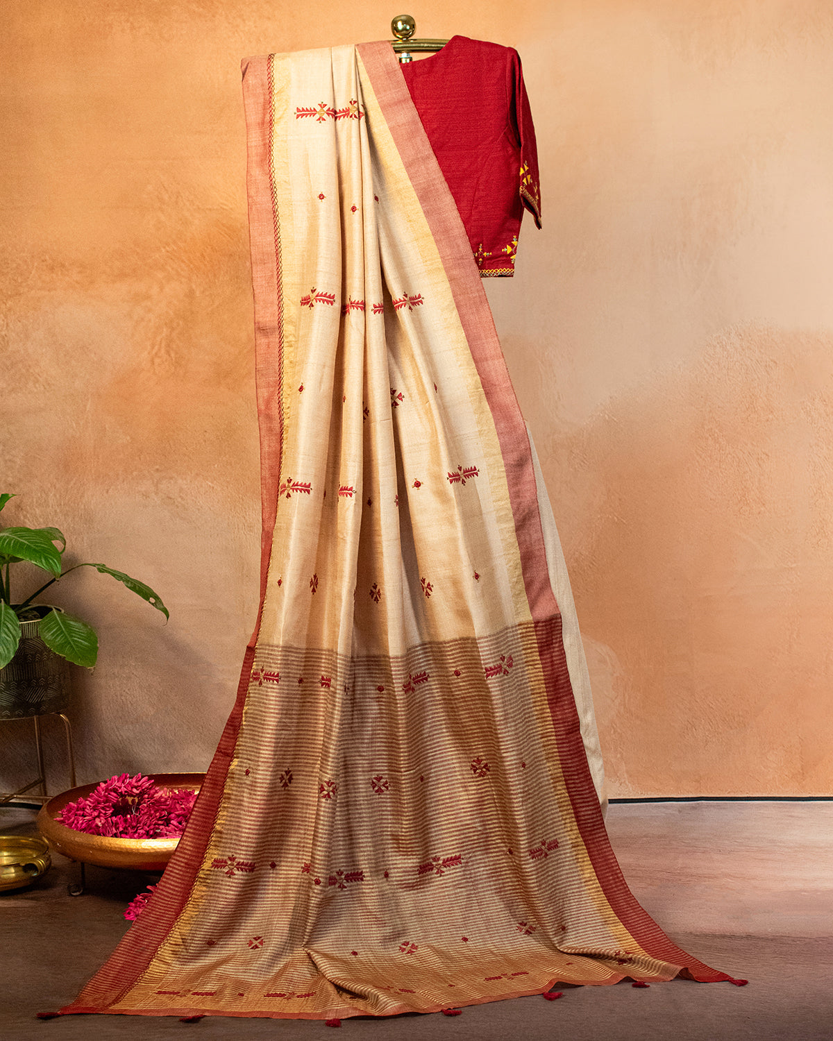 Badami Tussar Saree with Soof Hand Embroidery