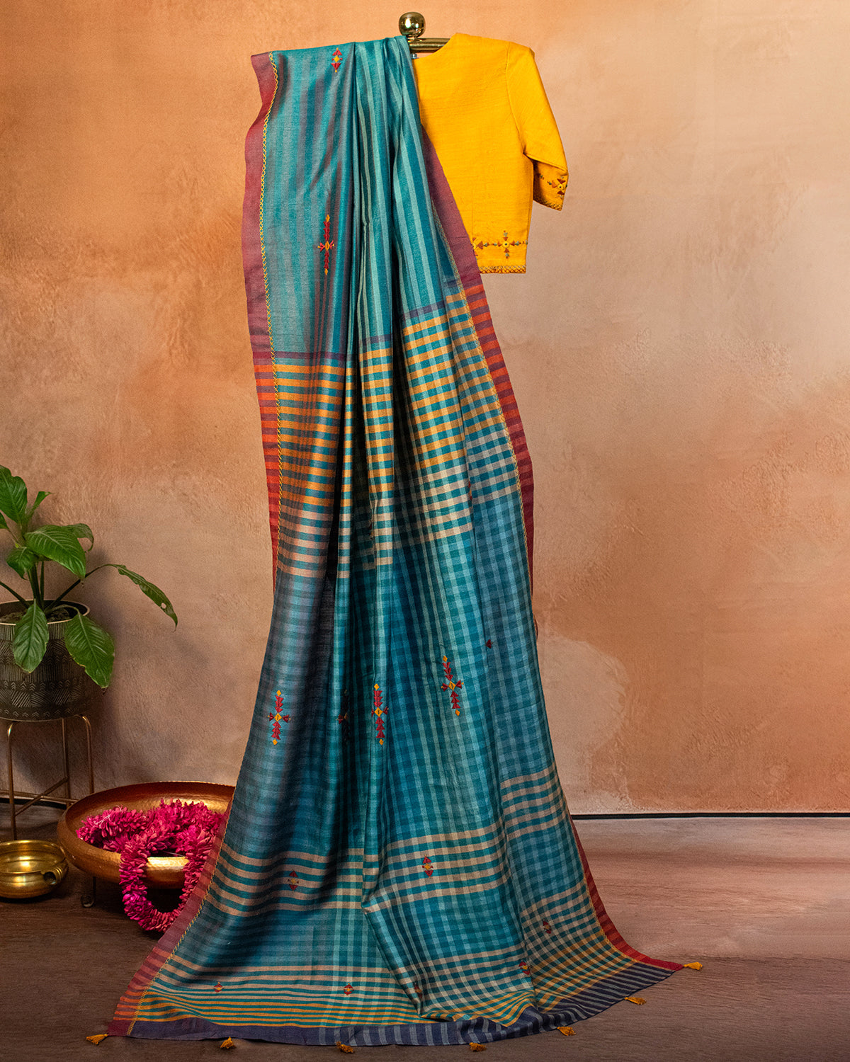 Teal Tussar Saree with Soof Hand Embroidery