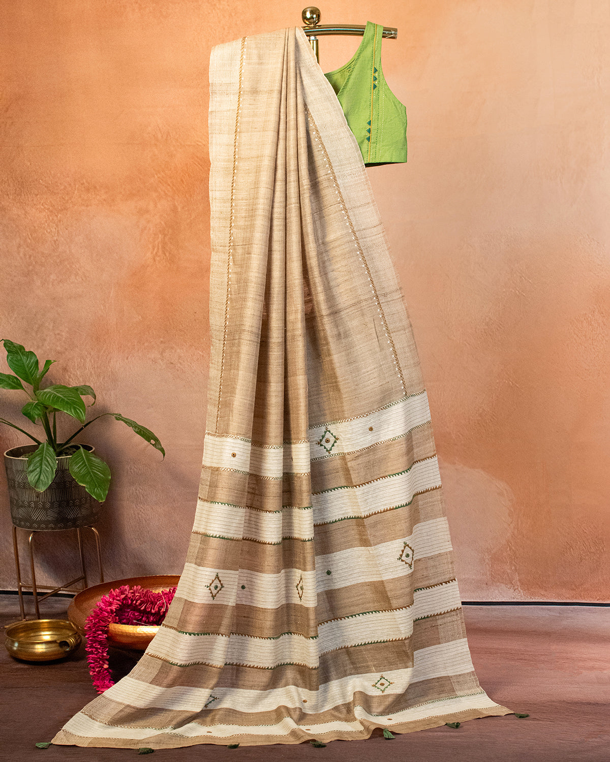 Beige Tussar Saree with Soof Hand Embroidery