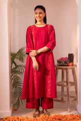 Haveli Chikankari Red Handwoven Cotton Flared Panel  Kurta