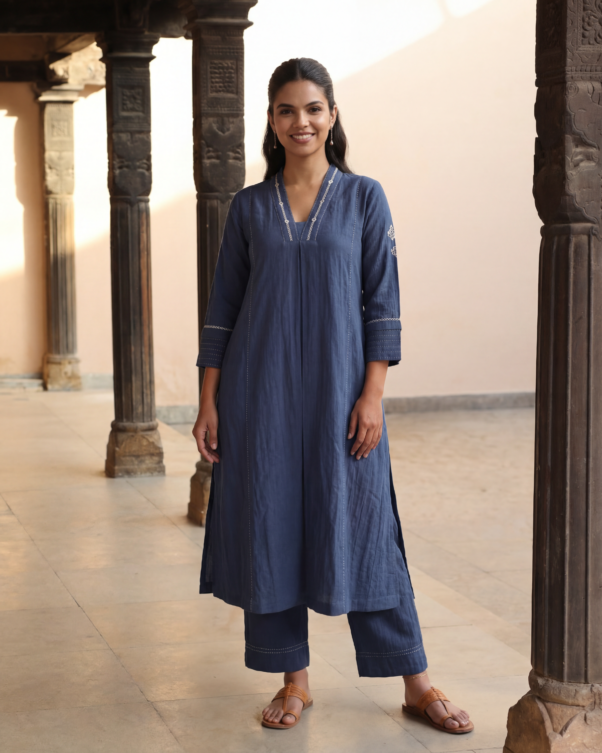 Dhwani Blue A-Line Cotton Kurta With Desert Hand Embroidery