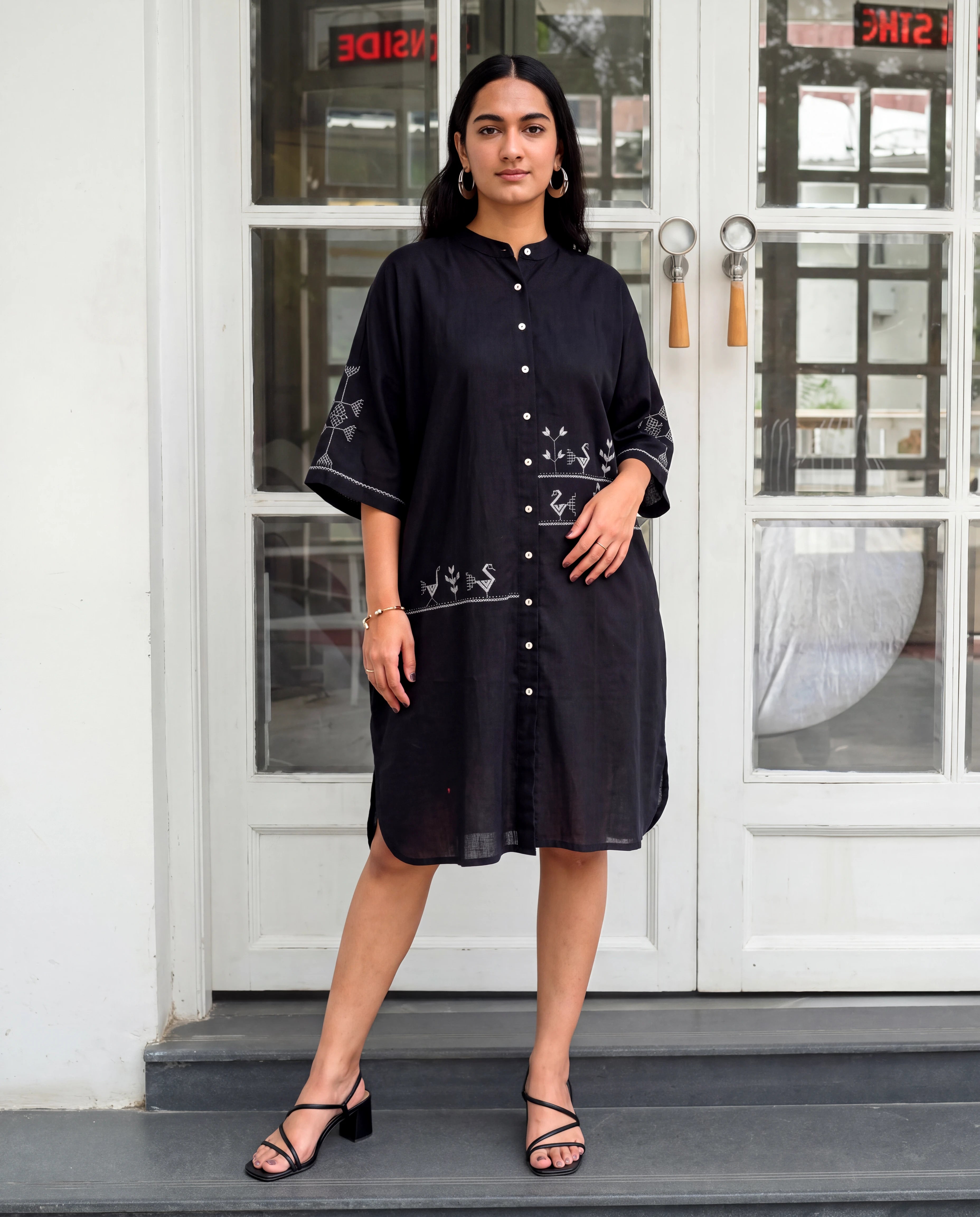 Bagh Cotton Half Sleeve Black Hand Embroidered Dress