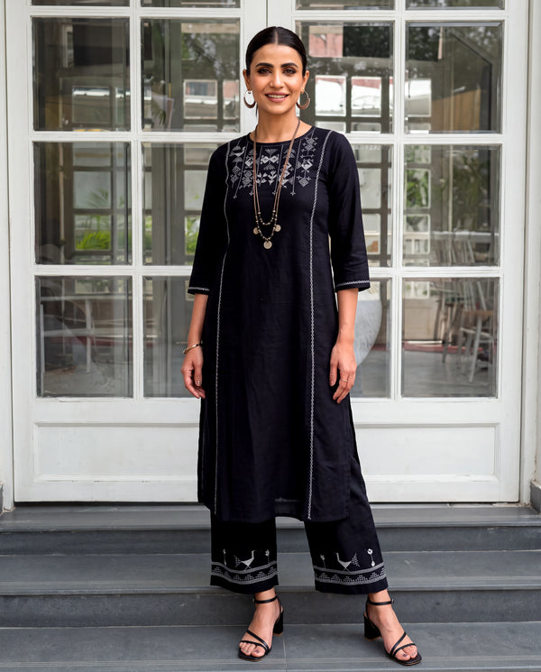 Bagh Cotton Round Neck Black Hand Embroidered Kurta