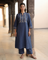Dhwani Blue Kalidaar Cotton Kurta With Dessert Hand Embroidery