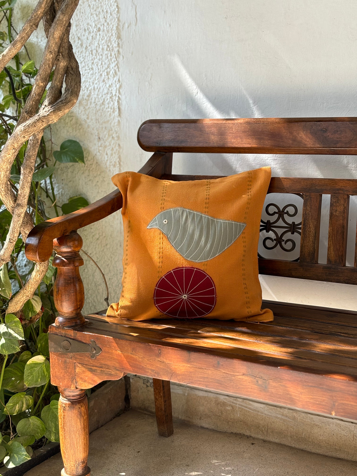 Bikaner Bloom Mustard Cushion Cover 16X16 Inch