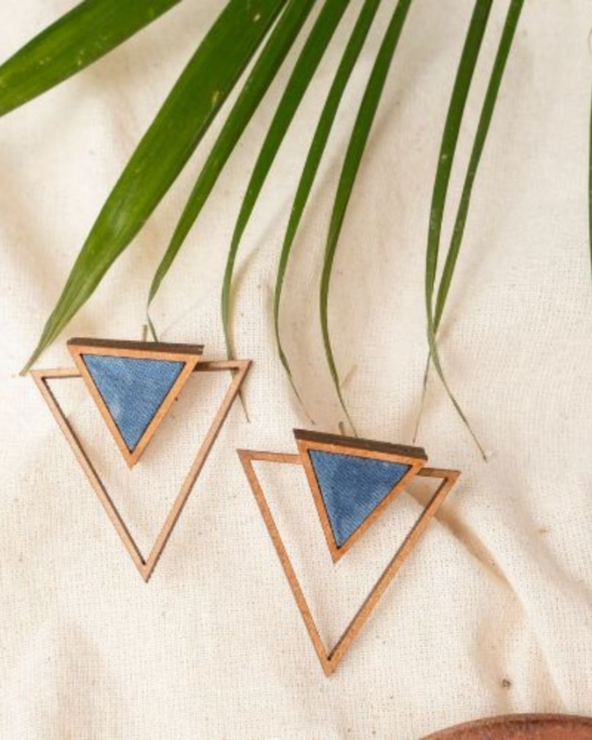 WHE Blue Two Look in One Repurposed Fabric and Wood Triangle Earring