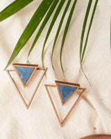 WHE Blue Two Look in One Repurposed Fabric and Wood Triangle Earring