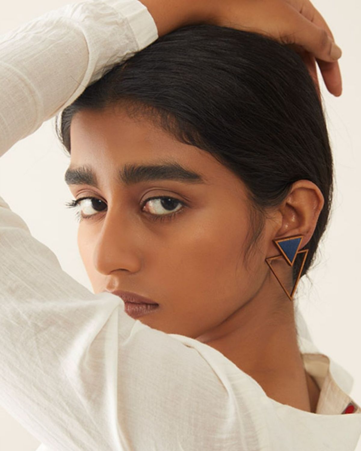 WHE Blue Two Look in One Repurposed Fabric and Wood Triangle Earring