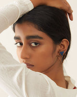 WHE Blue Two Look in One Repurposed Fabric and Wood Triangle Earring