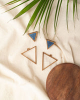 WHE Blue Two Look in One Repurposed Fabric and Wood Triangle Earring