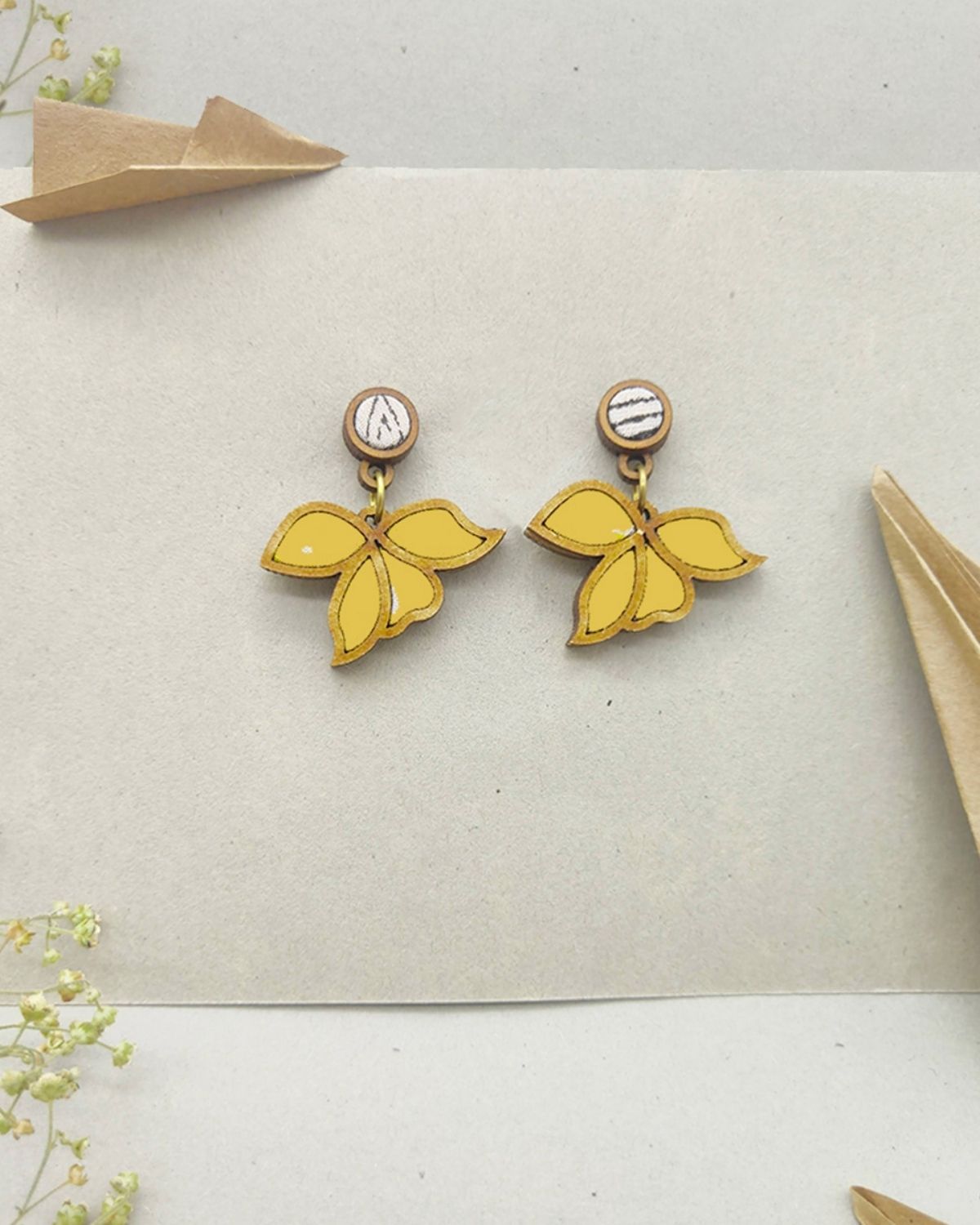 WHE Yellow Bloom Repurposed Fabric and Wood Leaf Earring