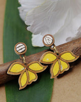 WHE Yellow Bloom Repurposed Fabric and Wood Leaf Earring