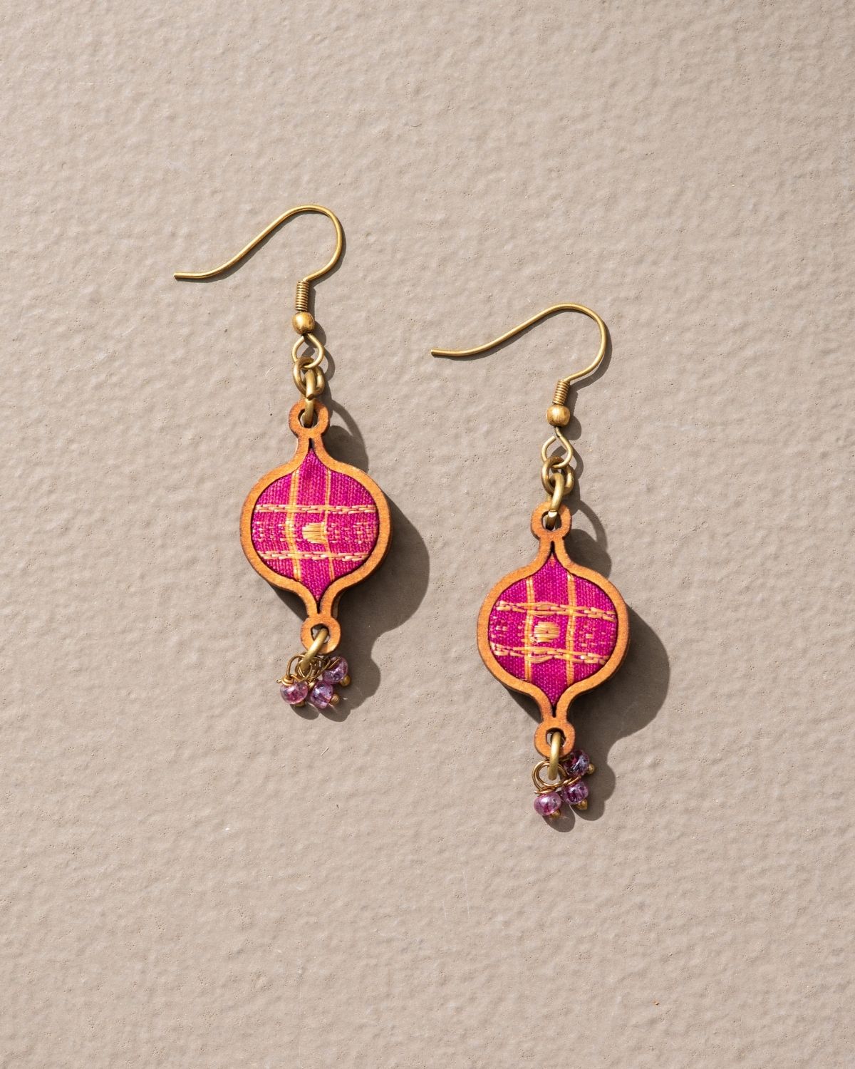 WHE Yellow Festive Repurposed Fabric and Wood Round Earring
