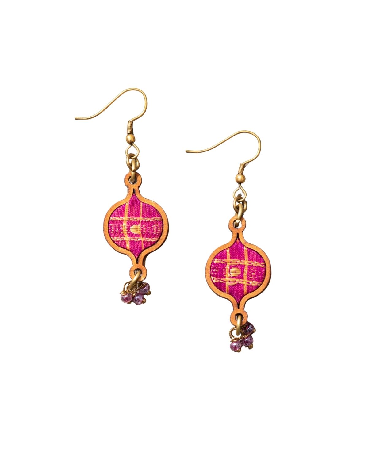WHE Yellow Festive Repurposed Fabric and Wood Round Earring