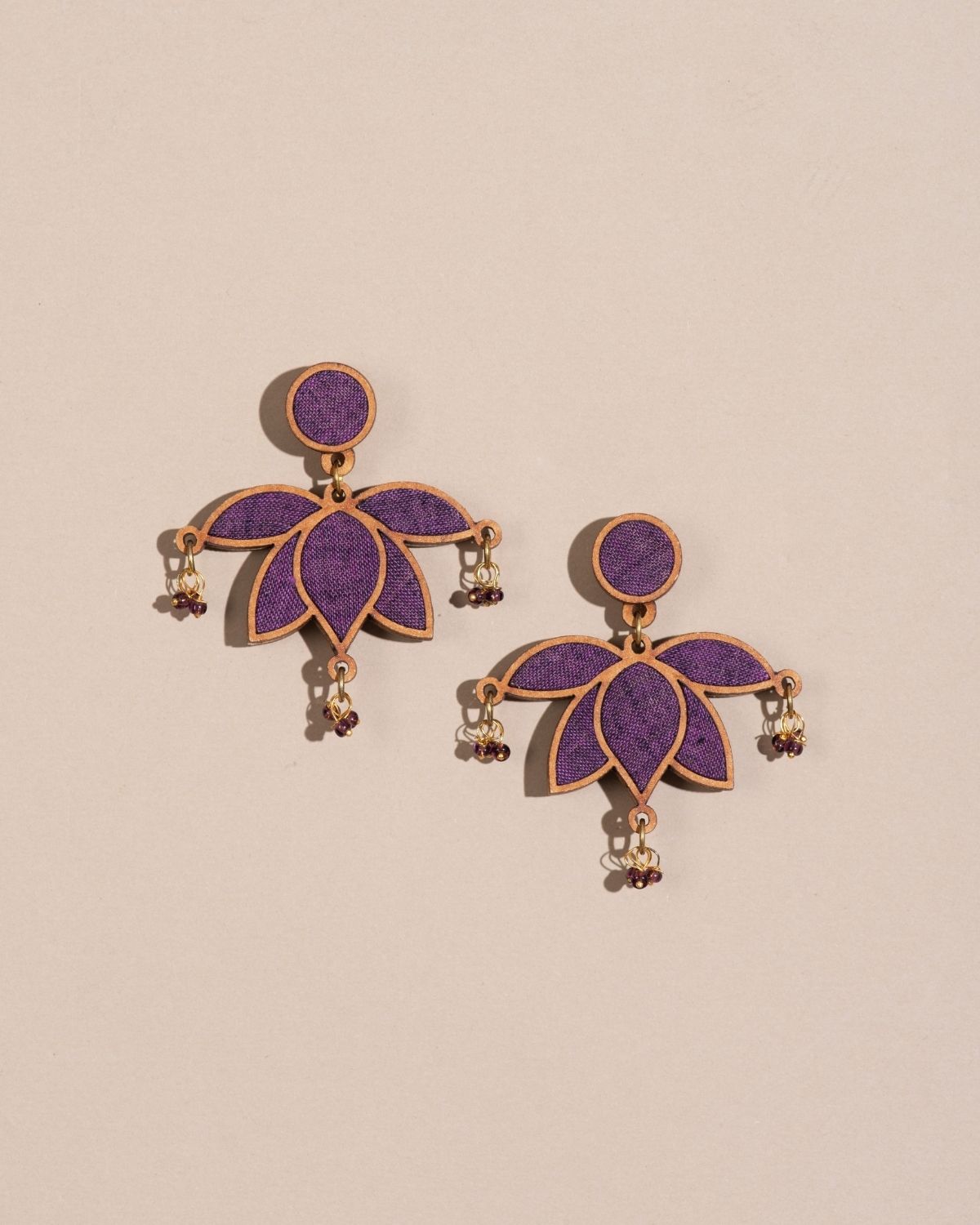 WHE Purple Lotus Repurposed Fabric and Wood Statement Earrings