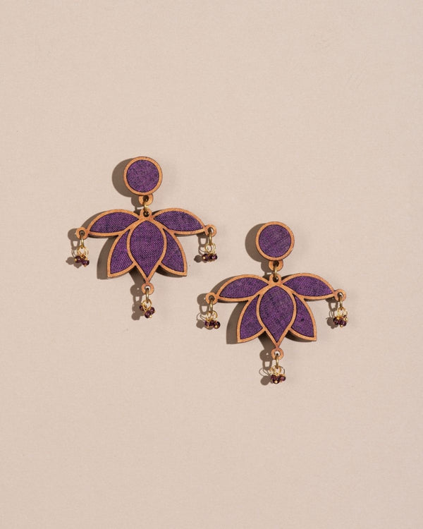 WHE Purple Lotus Repurposed Fabric and Wood Statement Earrings