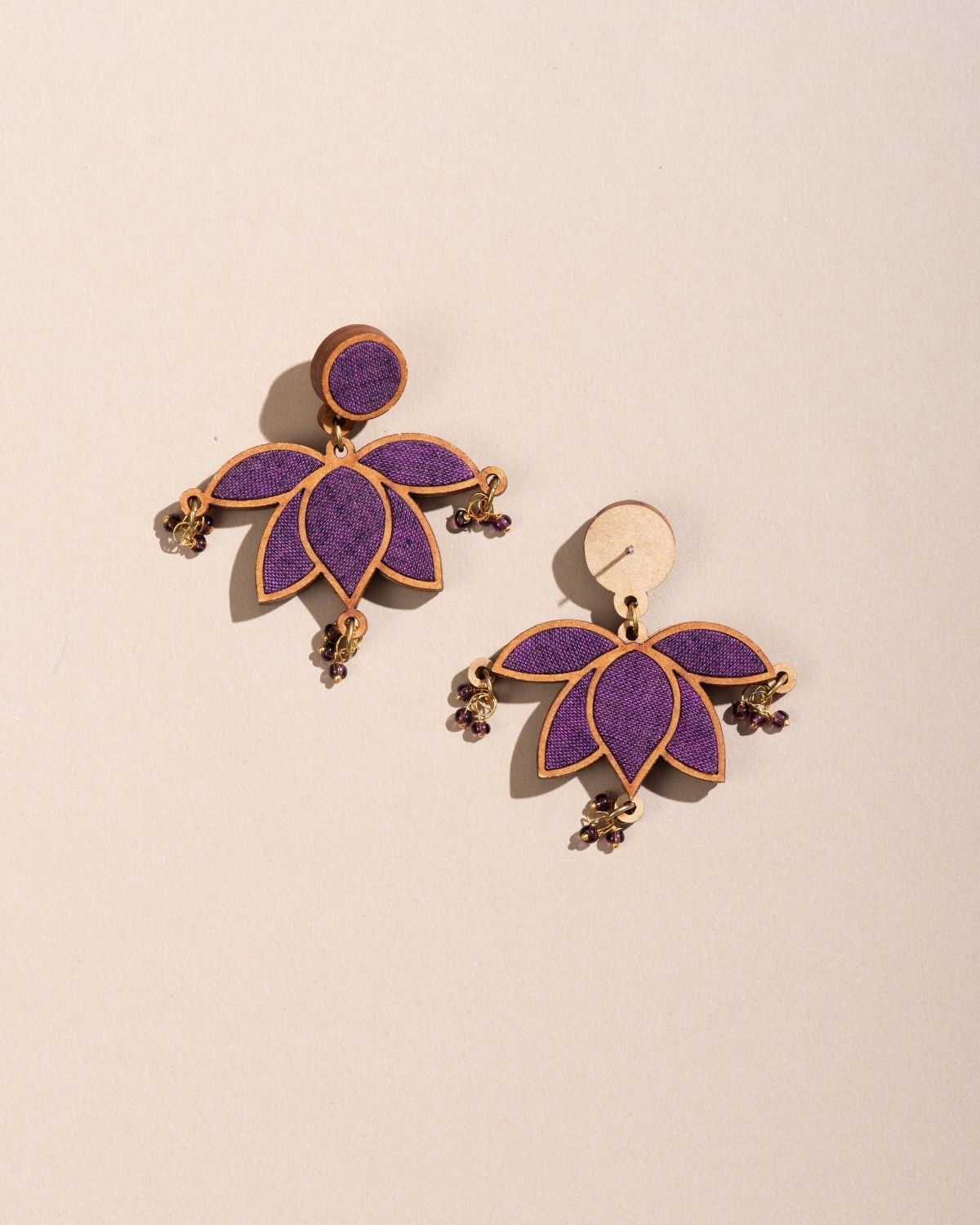 WHE Purple Lotus Repurposed Fabric and Wood Statement Earrings