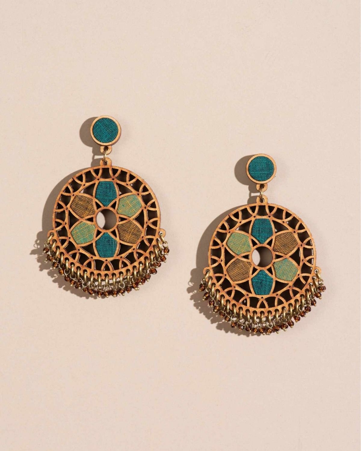 WHE Green Wheel Repurposed Fabric and Wood Earrings