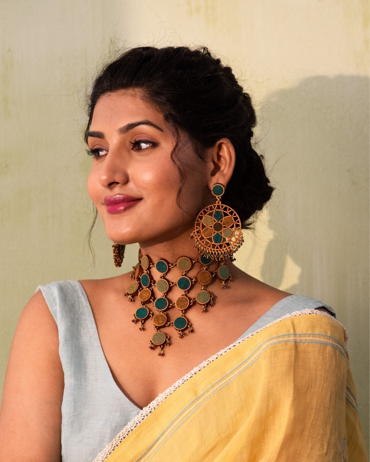 WHE Green Wheel Repurposed Fabric and Wood Earrings