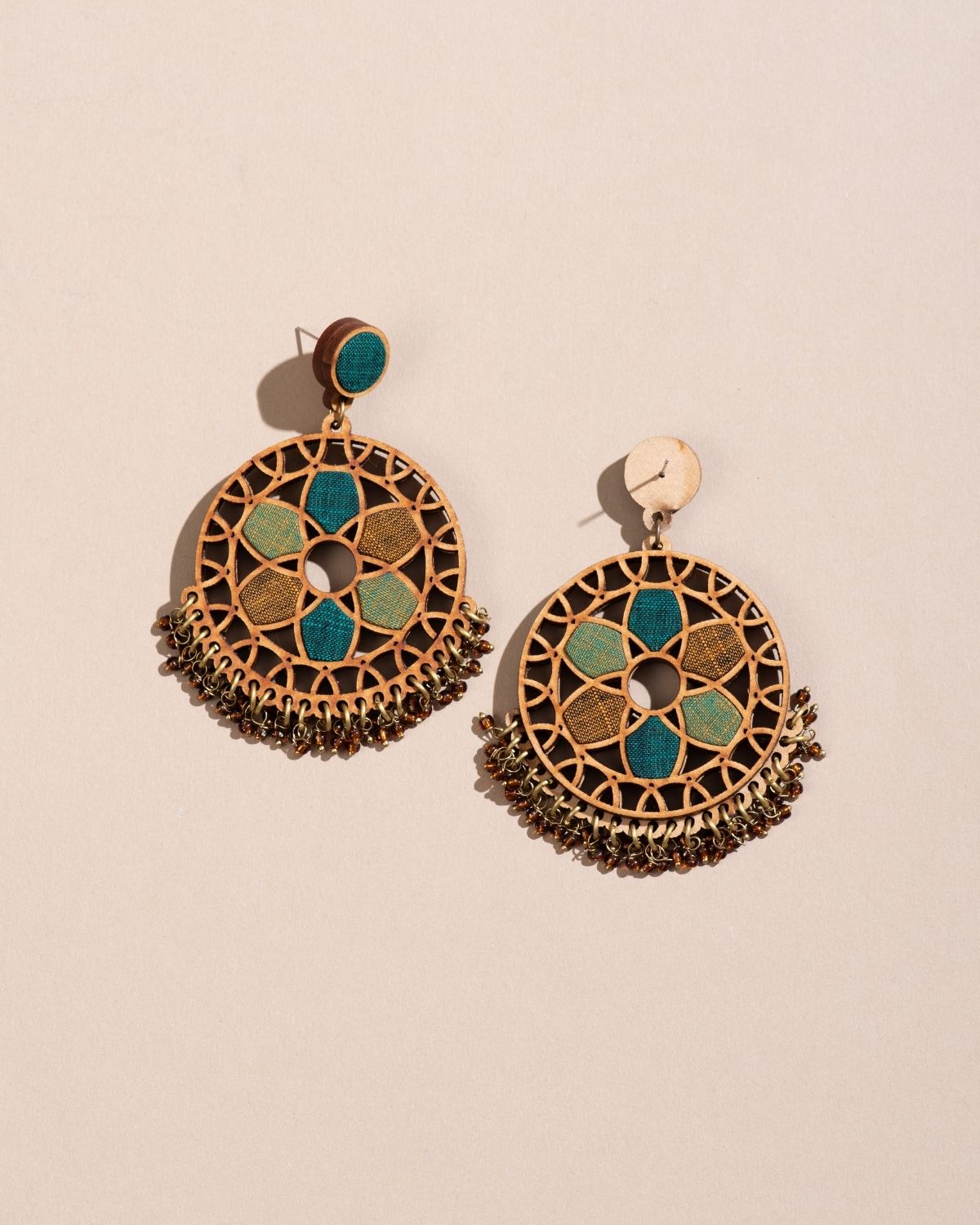 WHE Green Wheel Repurposed Fabric and Wood Earrings