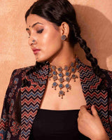 WHE Blue Ajrakh Round Repurposed Fabric and Wood Stud