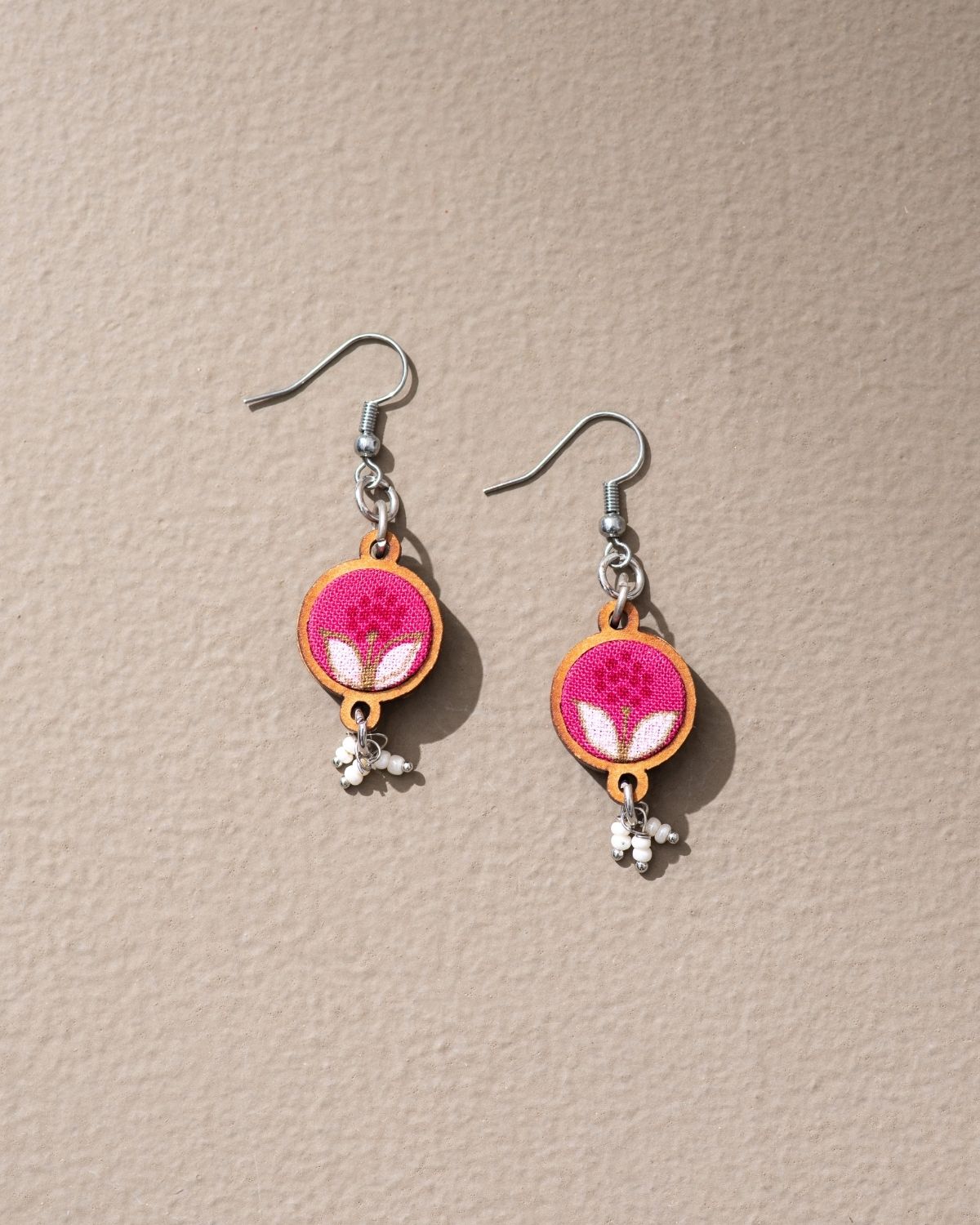 WHE Pink Repurposed Fabric and Wood Flower Earrings