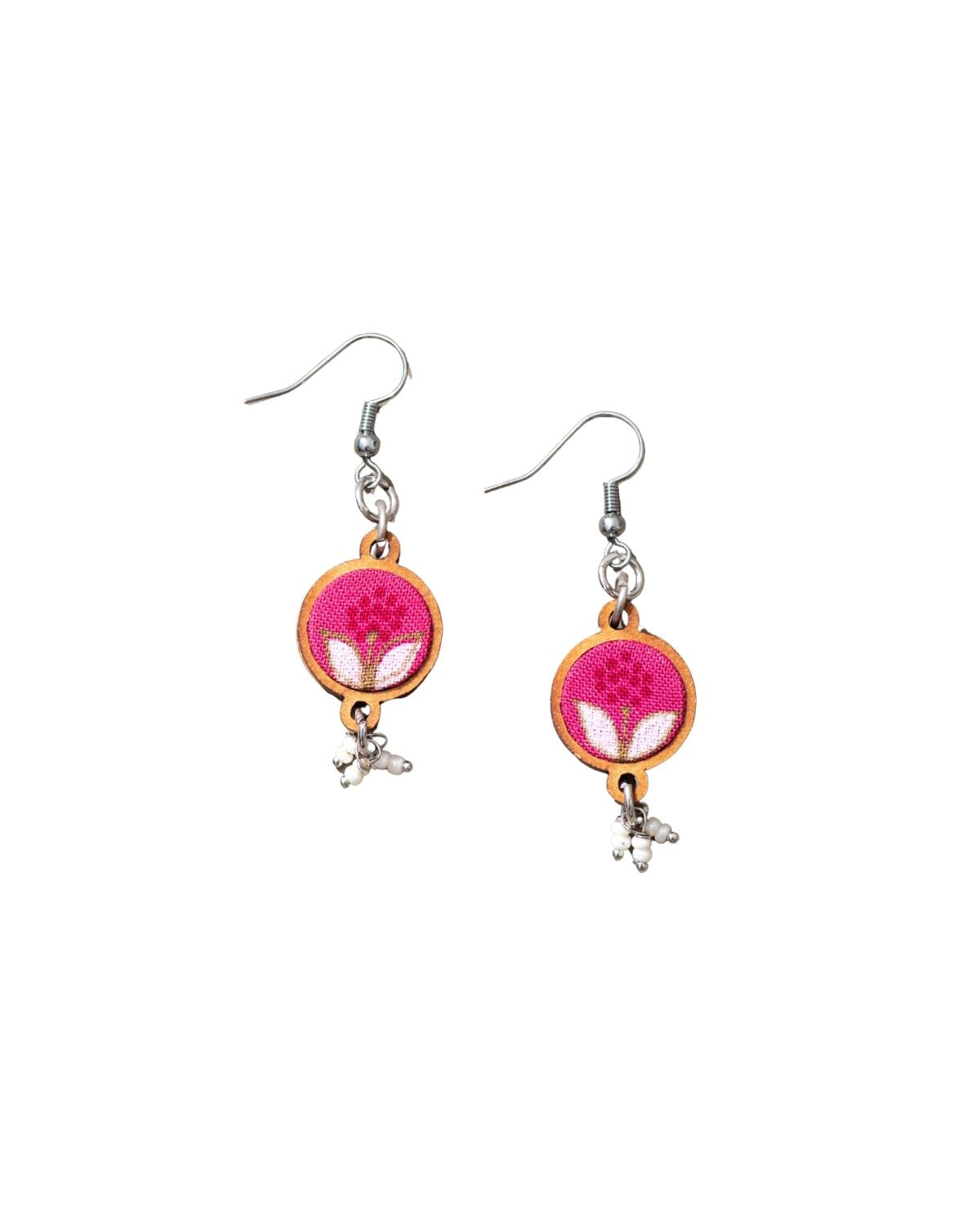 WHE Pink Repurposed Fabric and Wood Flower Earrings