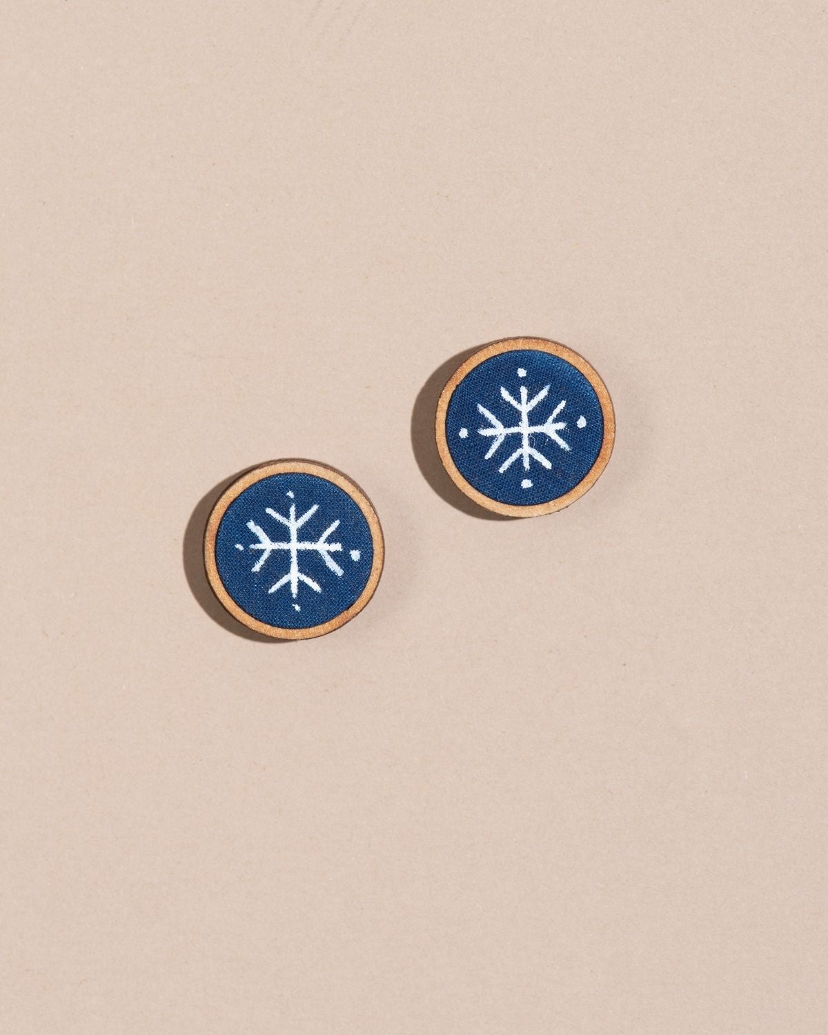 WHE Hand Painted Blue and White Repurposed Fabric Wooden Stud Earrings