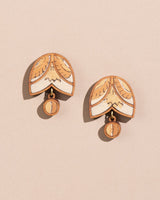 WHE Yellow Brown Bloom Repurposed Fabric and Wood Stud Earrings