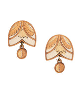 WHE Yellow Brown Bloom Repurposed Fabric and Wood Stud Earrings
