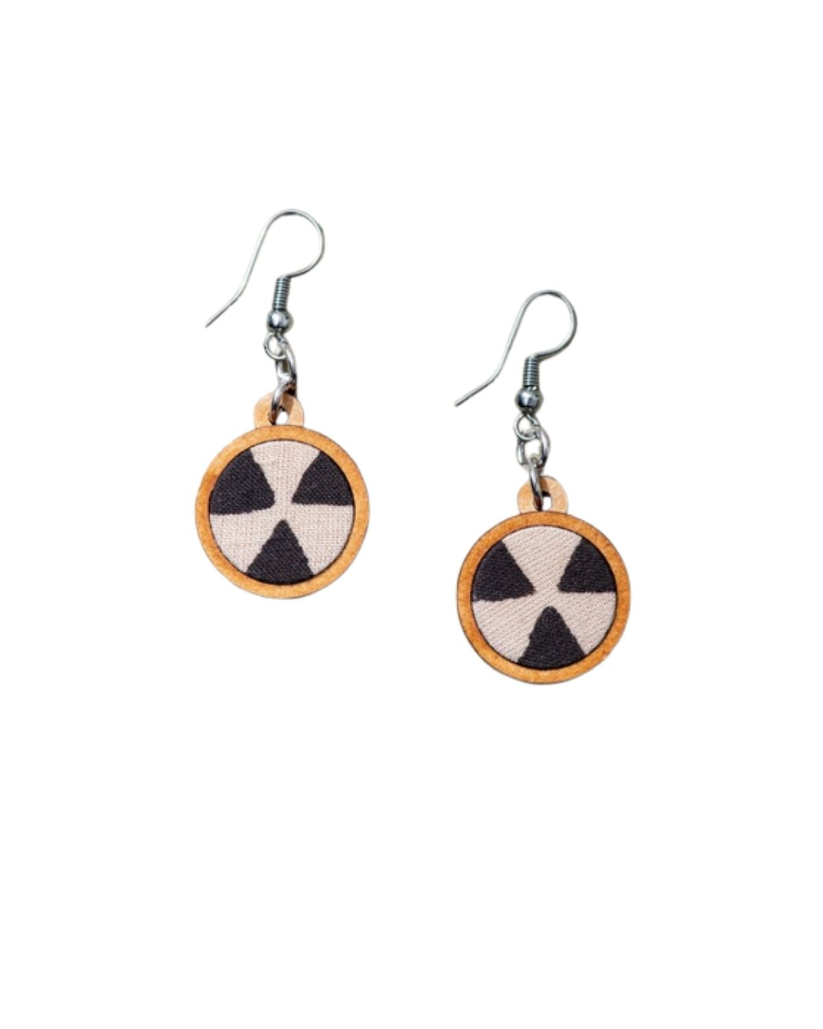 WHE Black and Beige Fabric and Repurposed Wood Earrings