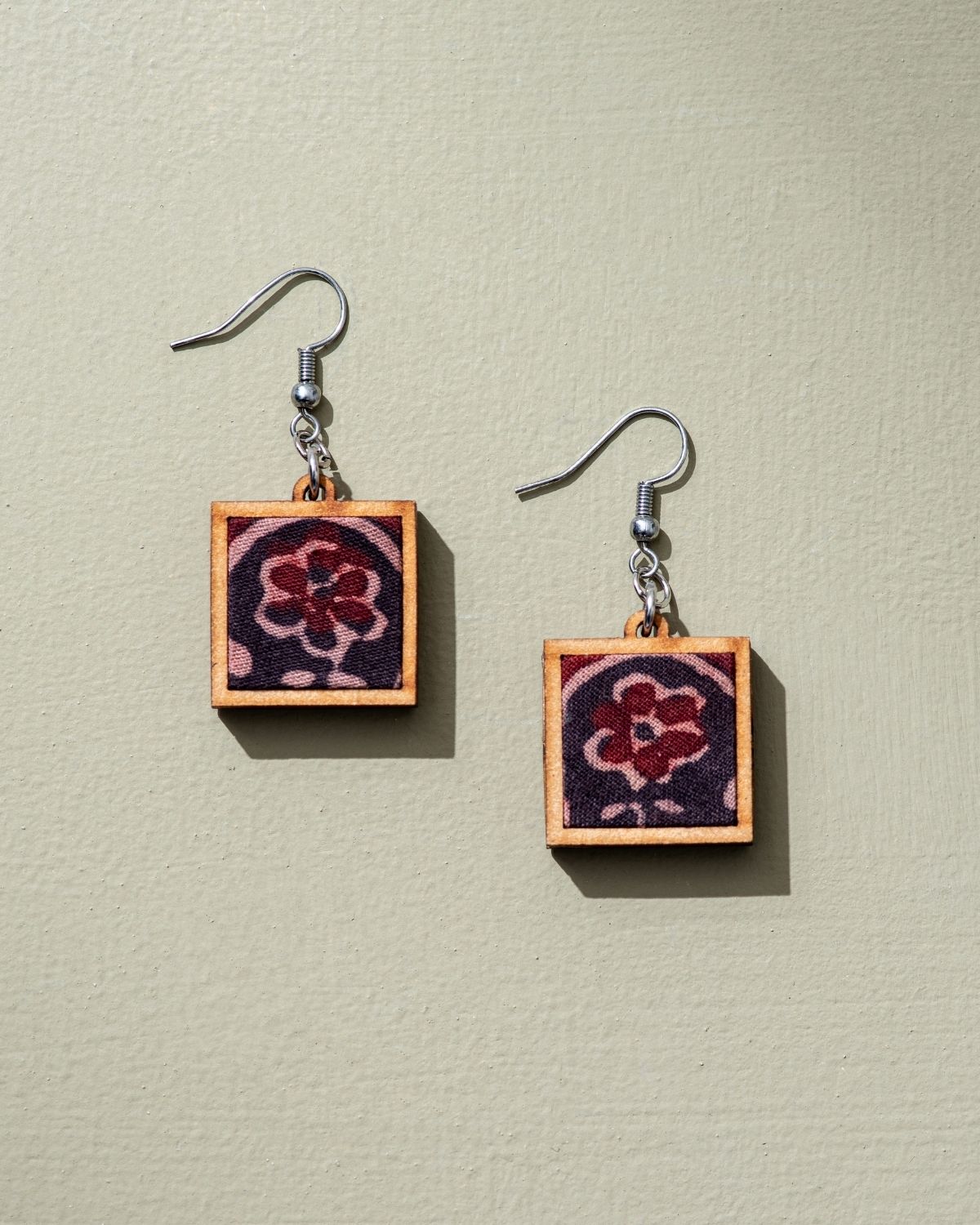 WHE Black Repurposed Ajrakh Fabric and Repurposed Wood Earrings