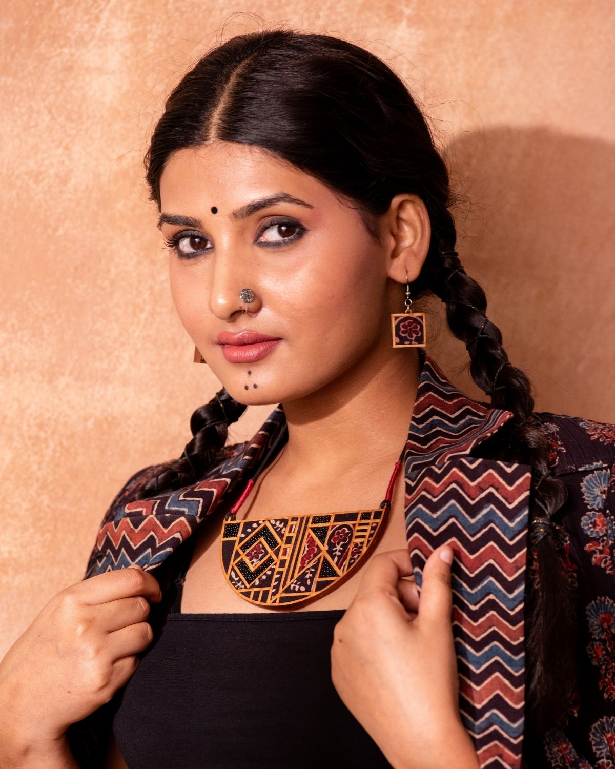 WHE Black Repurposed Ajrakh Fabric and Repurposed Wood Earrings