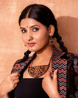 WHE Black Repurposed Ajrakh Fabric and Repurposed Wood Earrings
