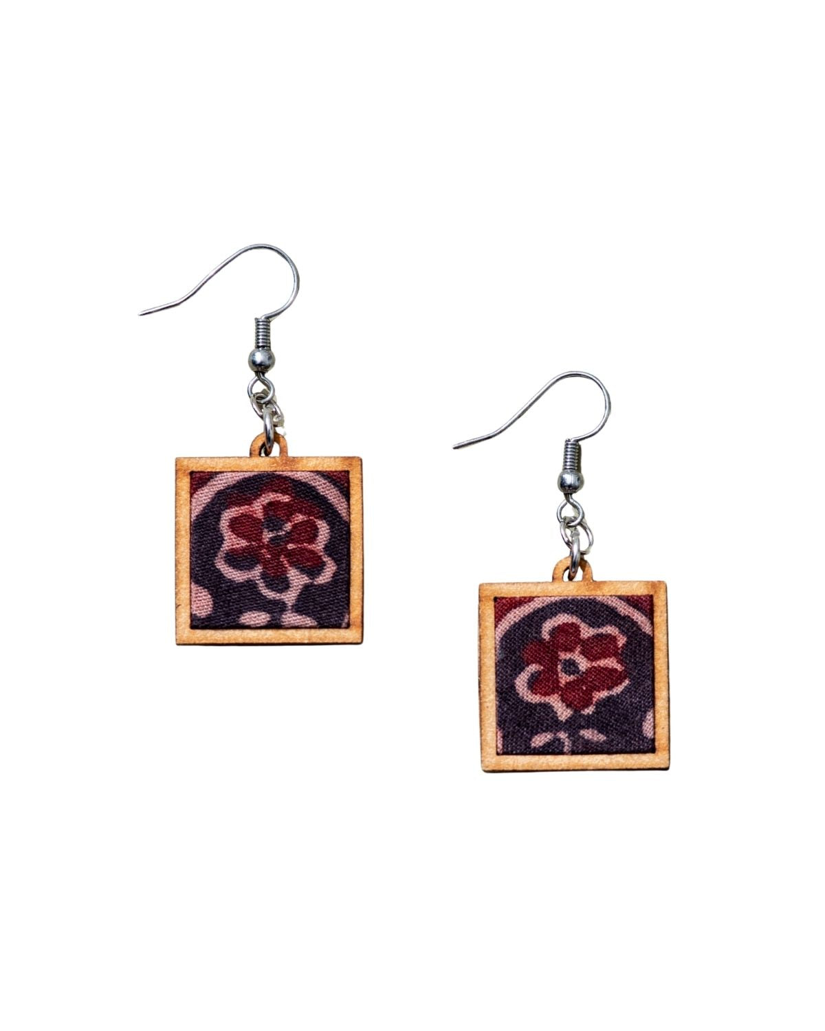 WHE Black Repurposed Ajrakh Fabric and Repurposed Wood Earrings