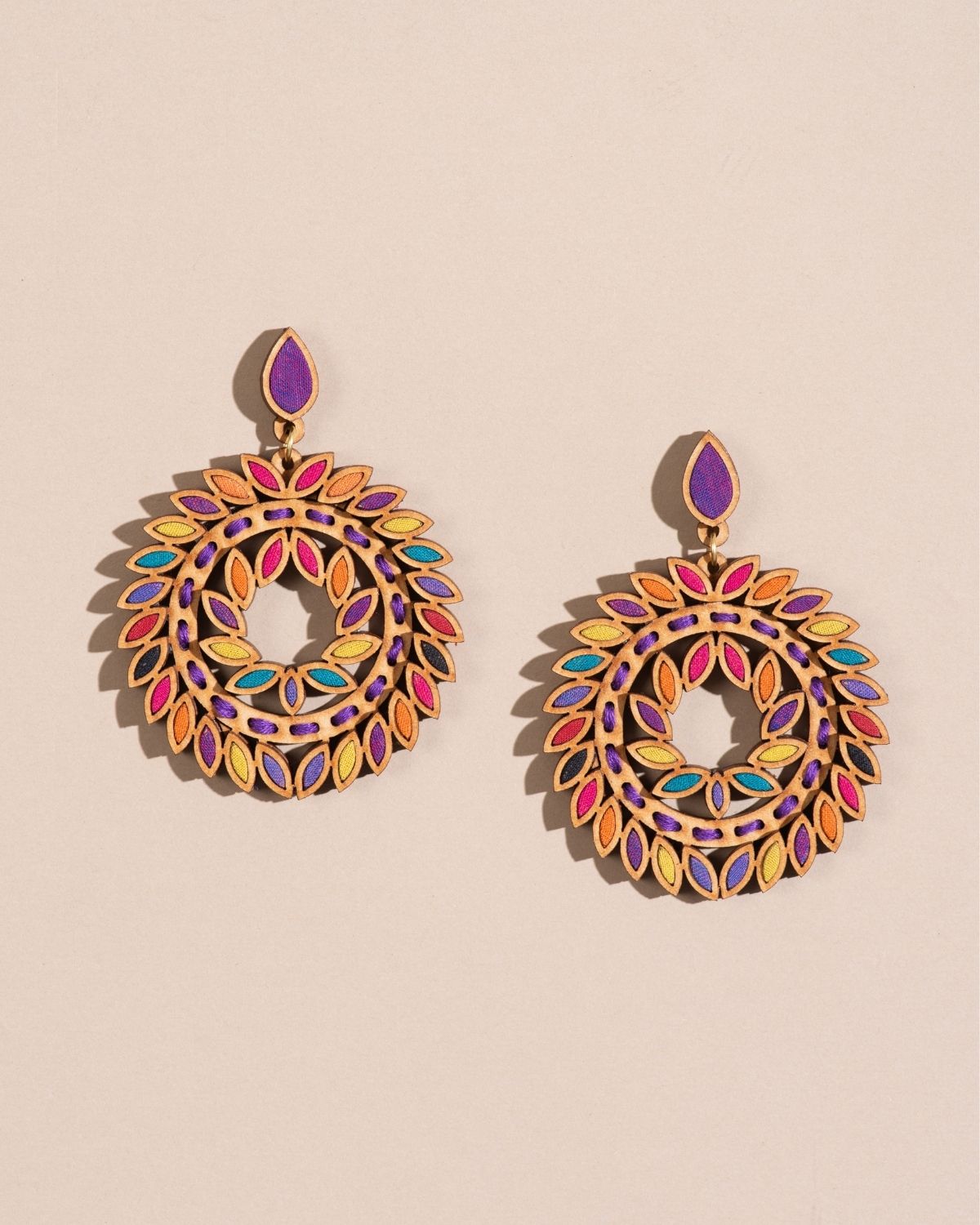 WHE Multicolor Repurposed Fabric and Wood Statement Earrings