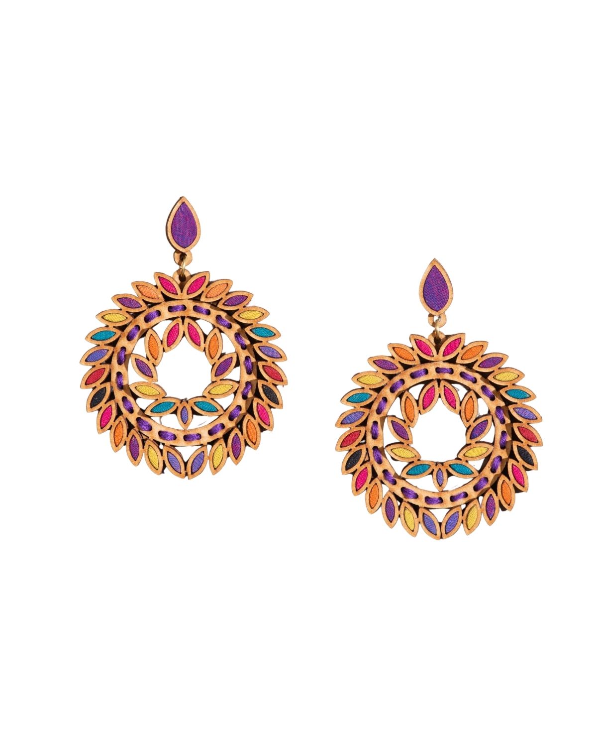 WHE Multicolor Repurposed Fabric and Wood Statement Earrings