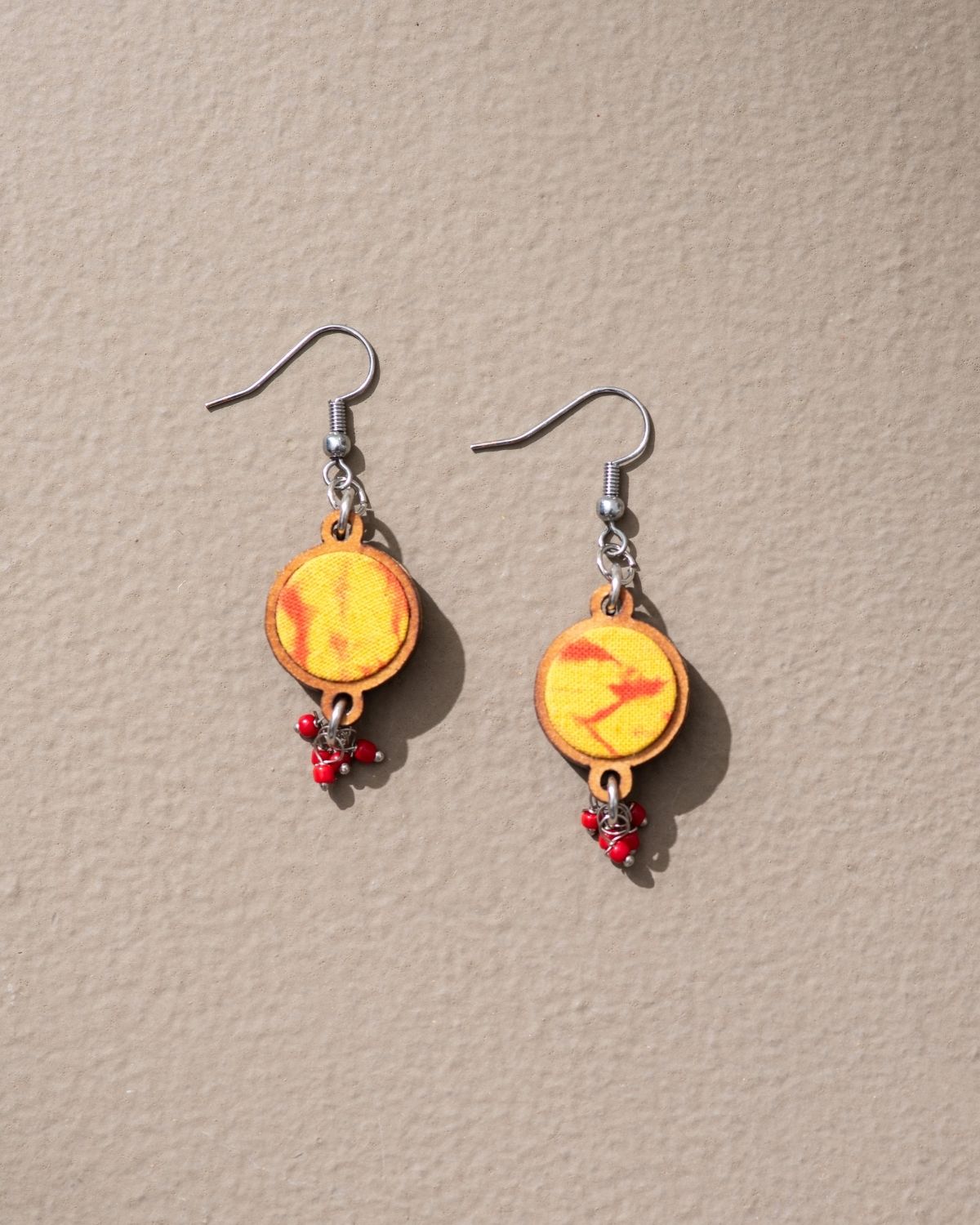 WHE Handmade Yellow Tie and Dye Repurposed Fabric and Wood Danglers