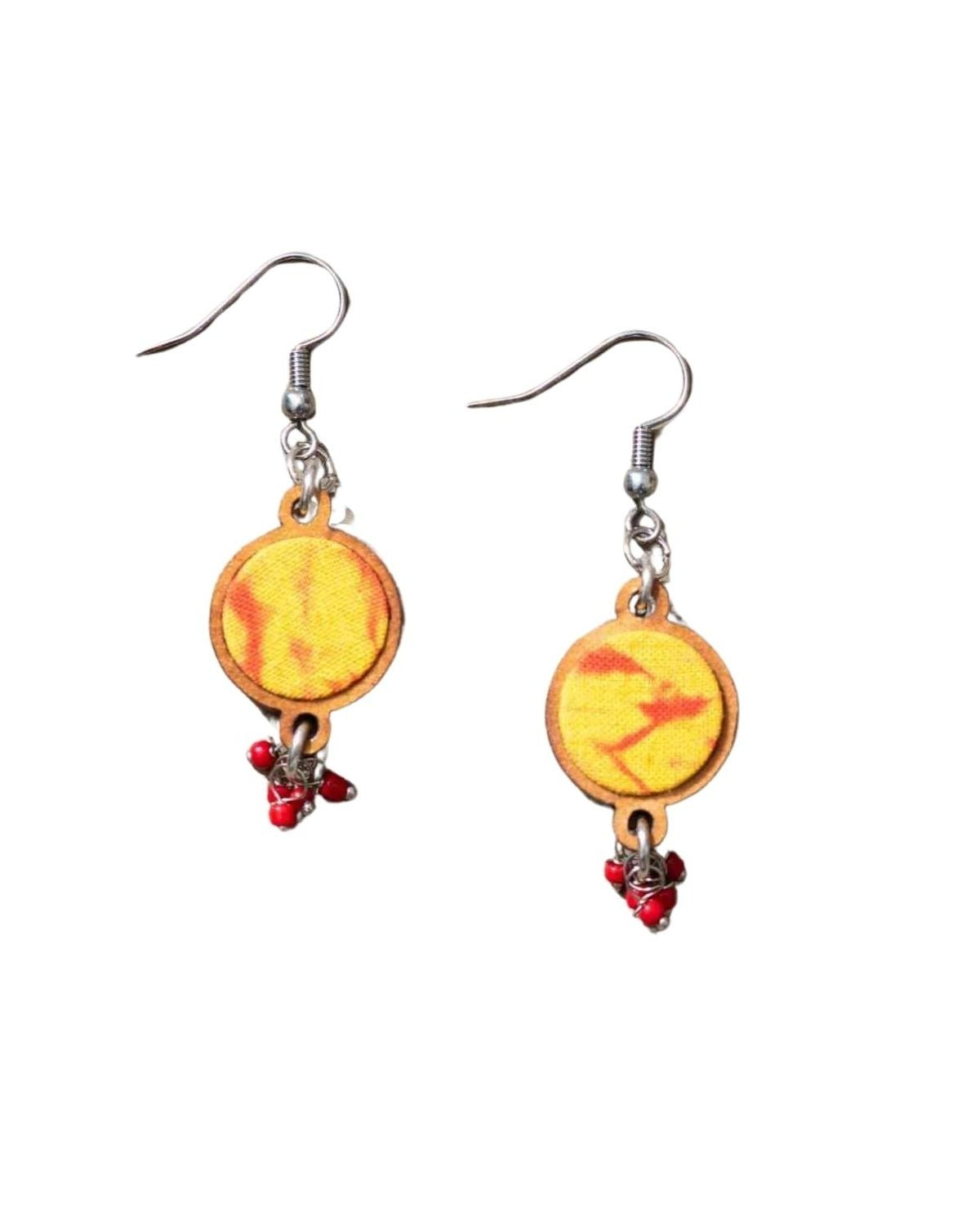 WHE Handmade Yellow Tie and Dye Repurposed Fabric and Wood Danglers
