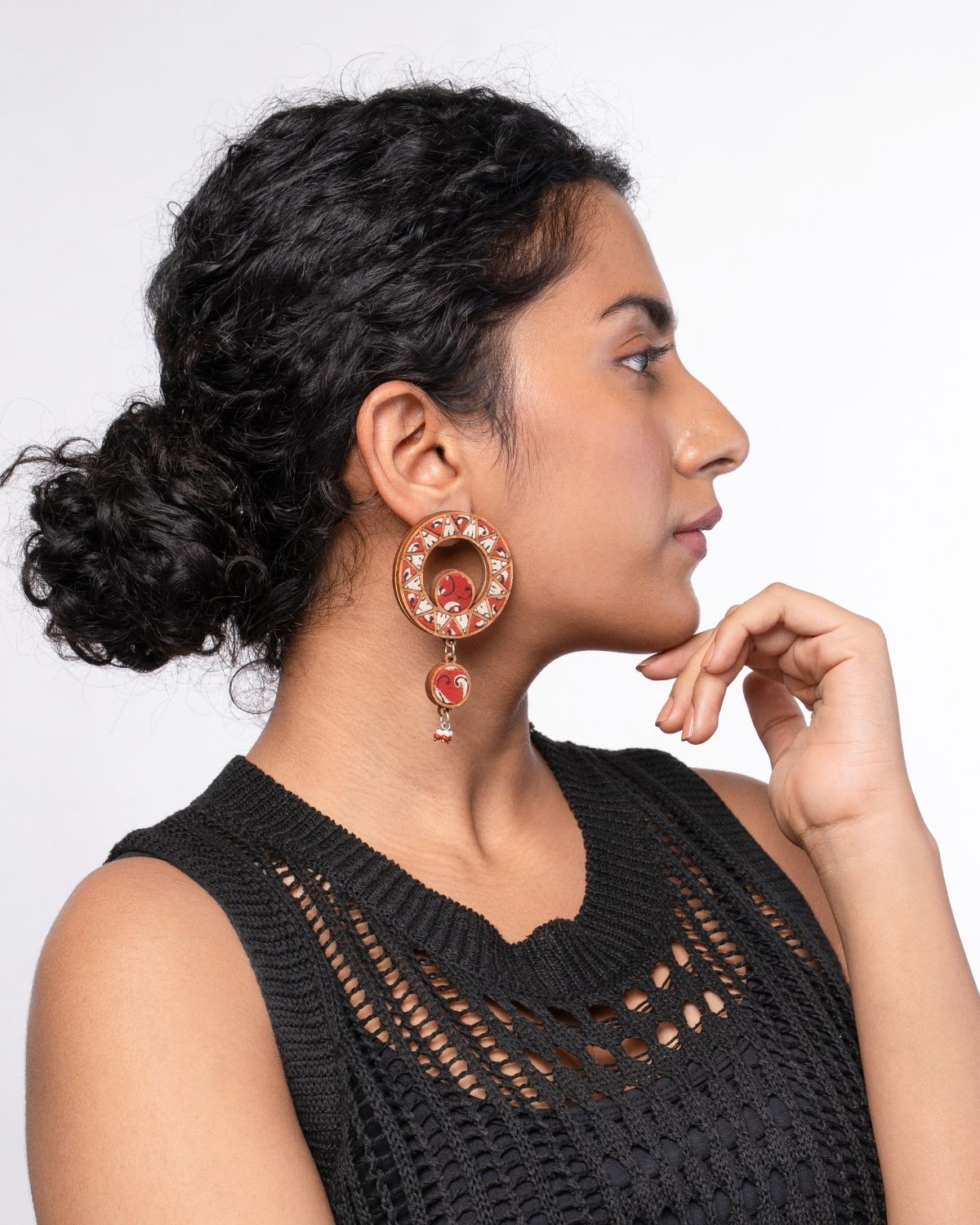 WHE Red Wheel Repurposed Fabric and Wood Earrings