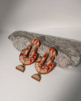 WHE Red Hand-blockprinted Repurposed Kalamkari Fabric and Wood Earrings