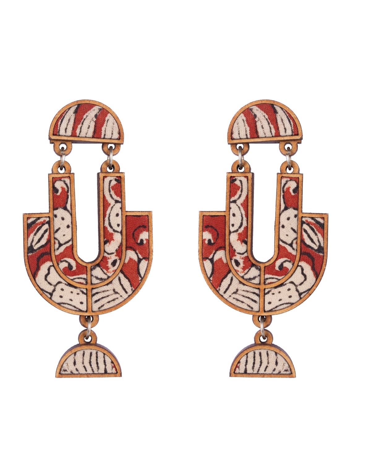 WHE Red Hand-blockprinted Repurposed Kalamkari Fabric and Wood Earrings