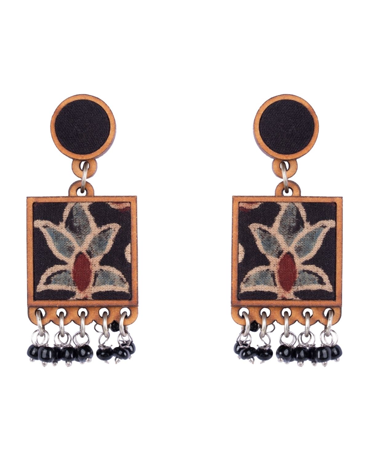 WHE Black Ajrakh Hand Block Printed Repurposed Fabric and Wood Earrings
