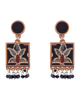 WHE Black Ajrakh Hand Block Printed Repurposed Fabric and Wood Earrings