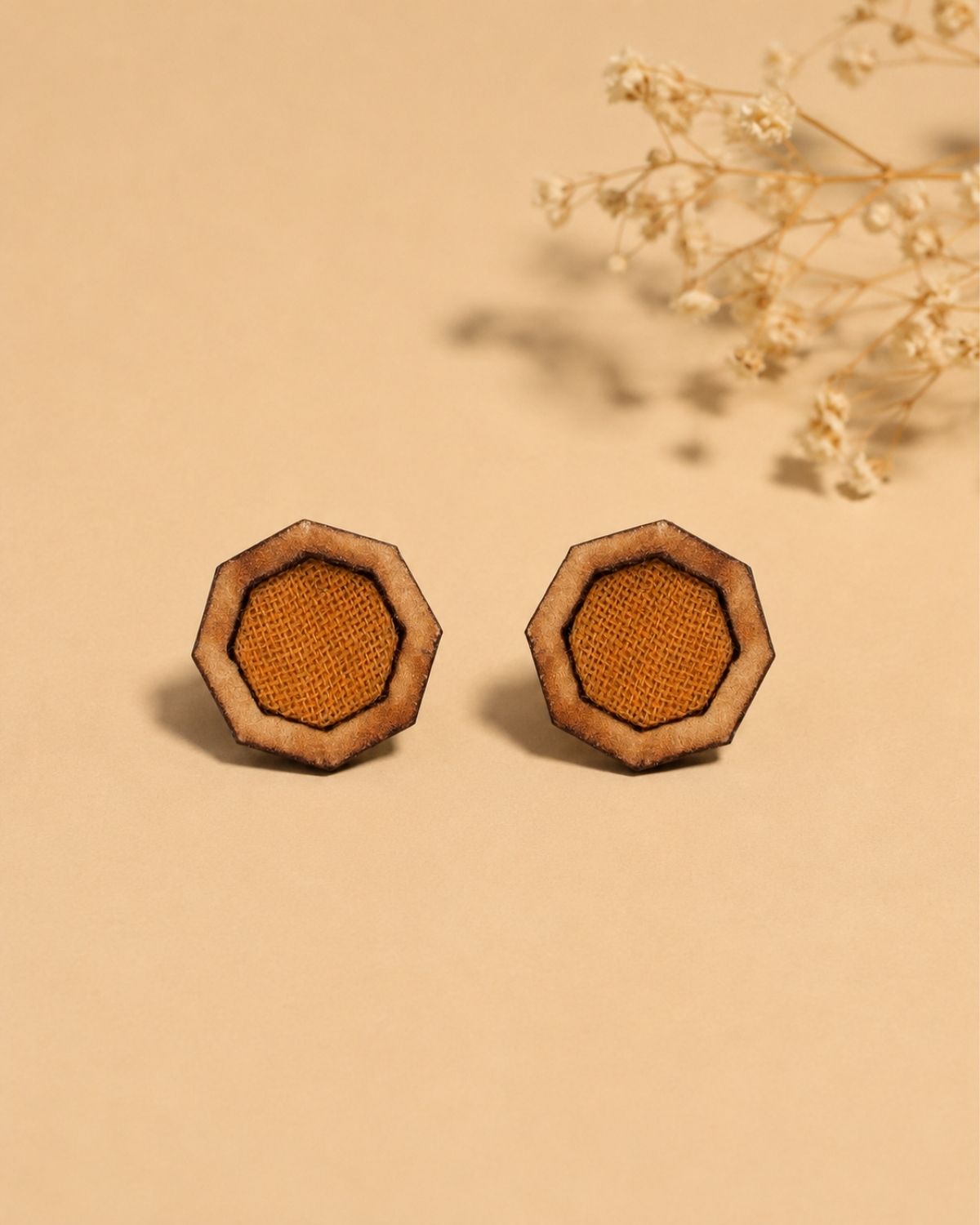 WHE Unisex Mustard Hexagon Repurposed Fabric and Wood Studs