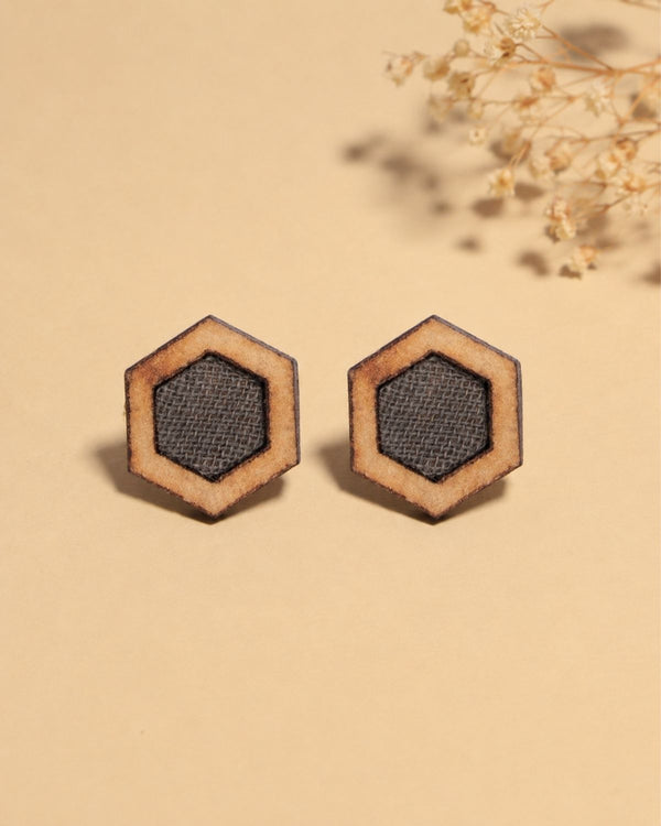 WHE Unisex Grey Hexagon Repurposed Fabric and Wood Stud