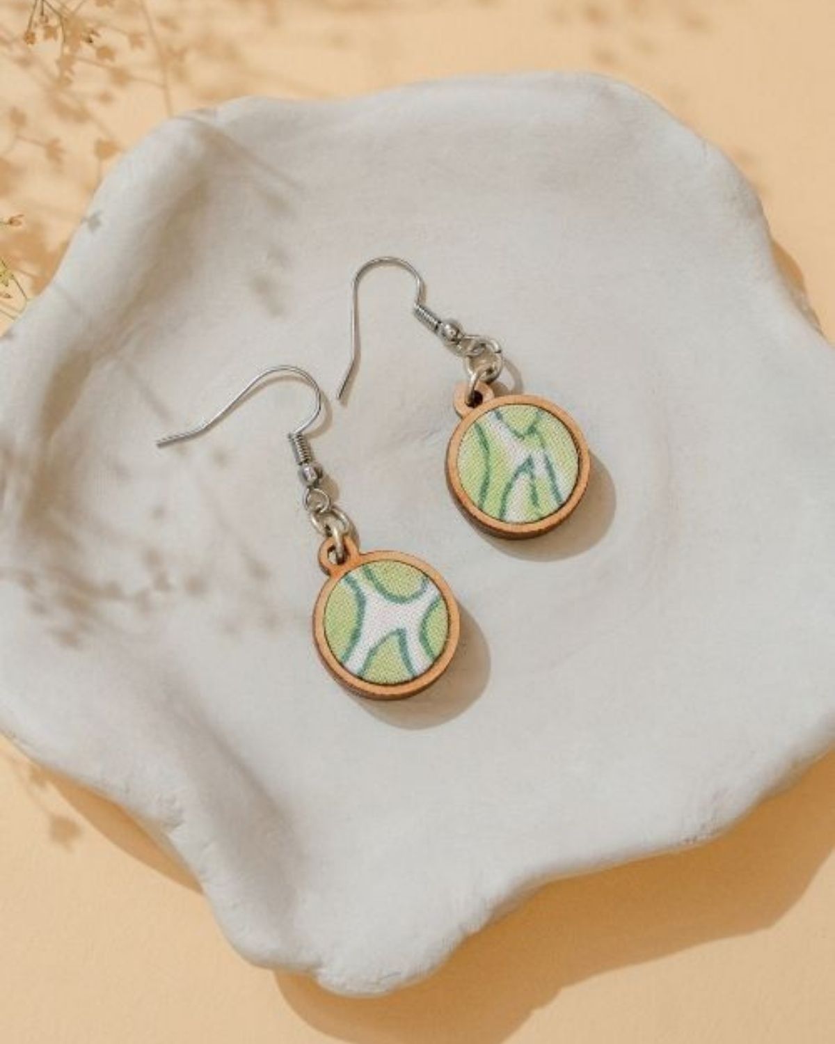 WHE Green Repurposed Fabric and Wood Round Danglers