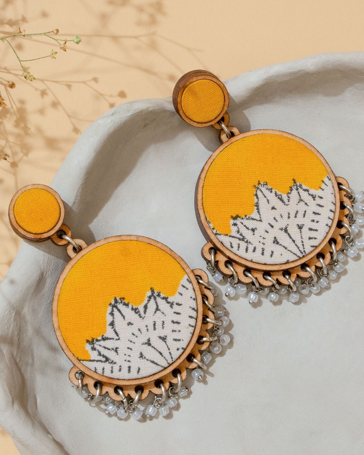 WHE Yellow Fabric and Repurposed Wood Round Danglers